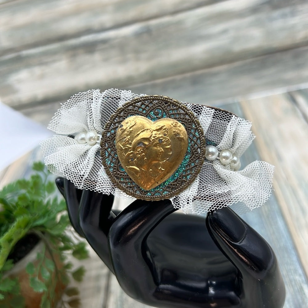 Adorned Crown Jewelry artisan assemblage leather lace lady heart cuff #3