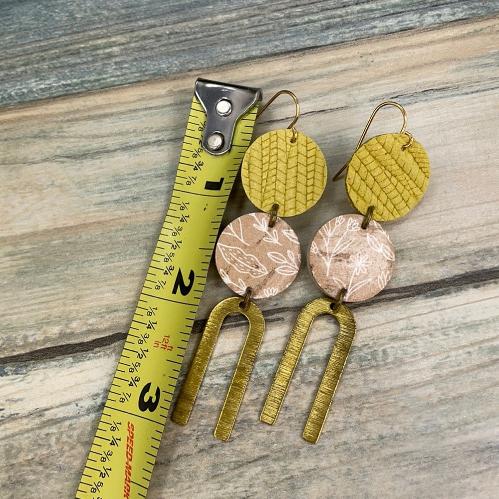 Adorned Crown geo yellow tan double leather earrings