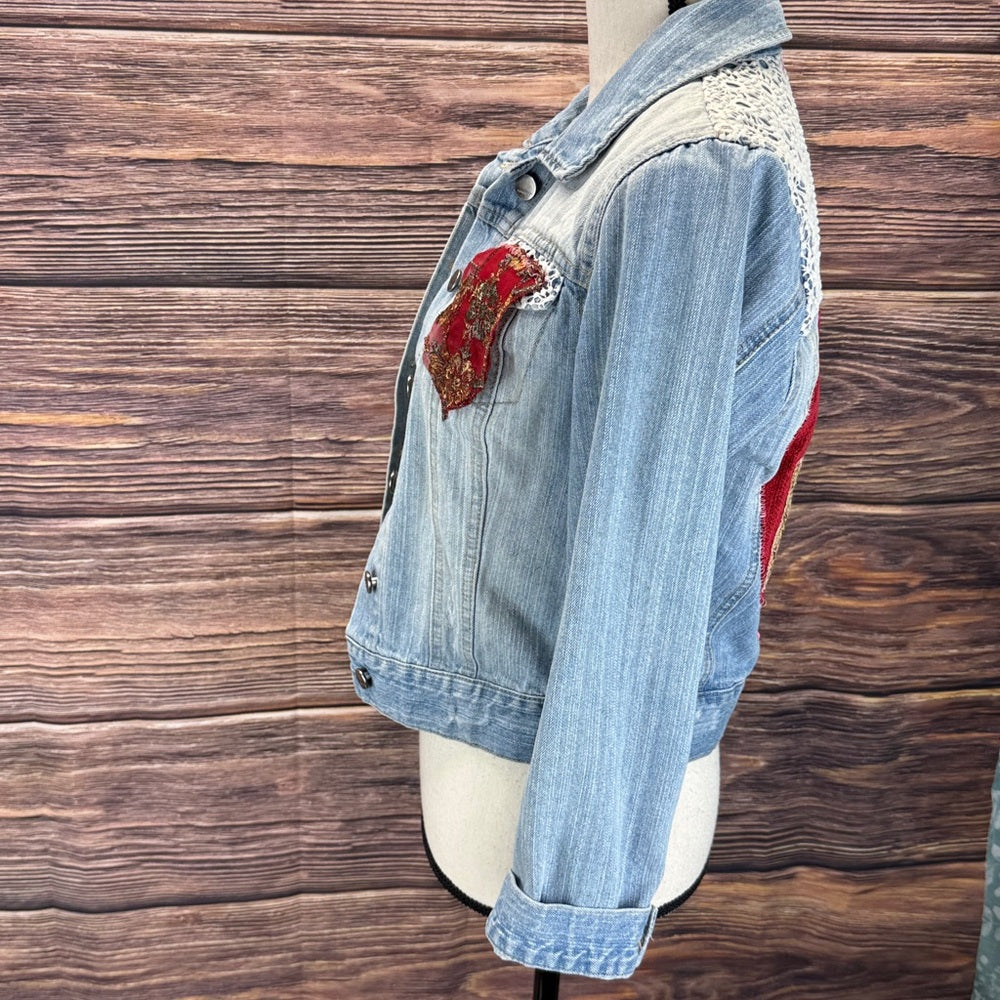 Adorned Crown Jewelry and textiles altered velvet heart denim jacket size med