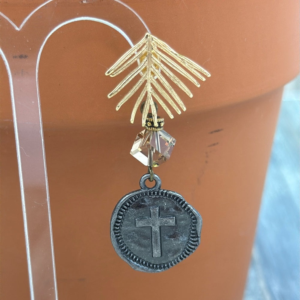 Adorned Crown Jewelry assemblage leaf post cross charm crystal earrings