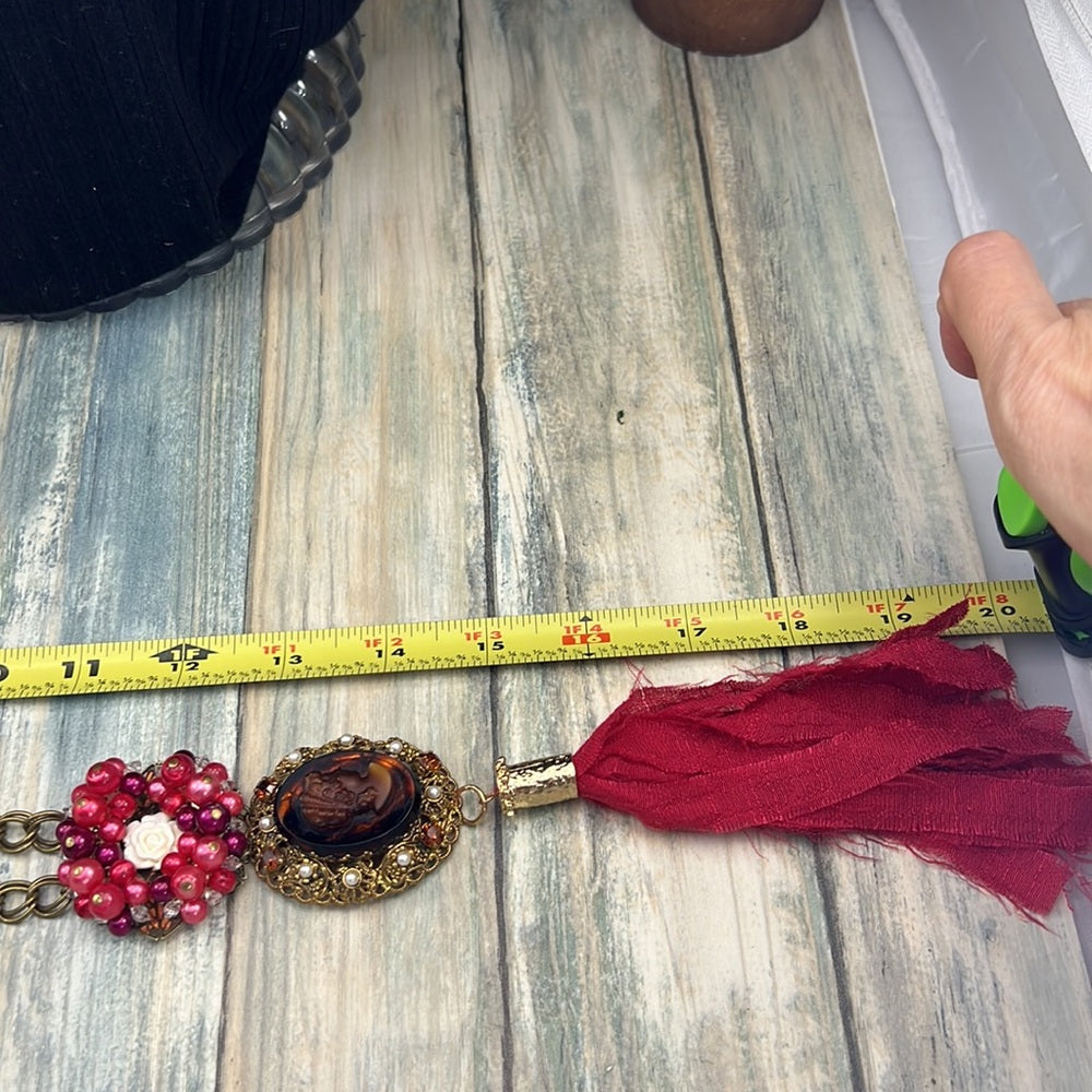 Adorned Crown Artisan Assemblage red cluster cameo silk sari tassel necklace