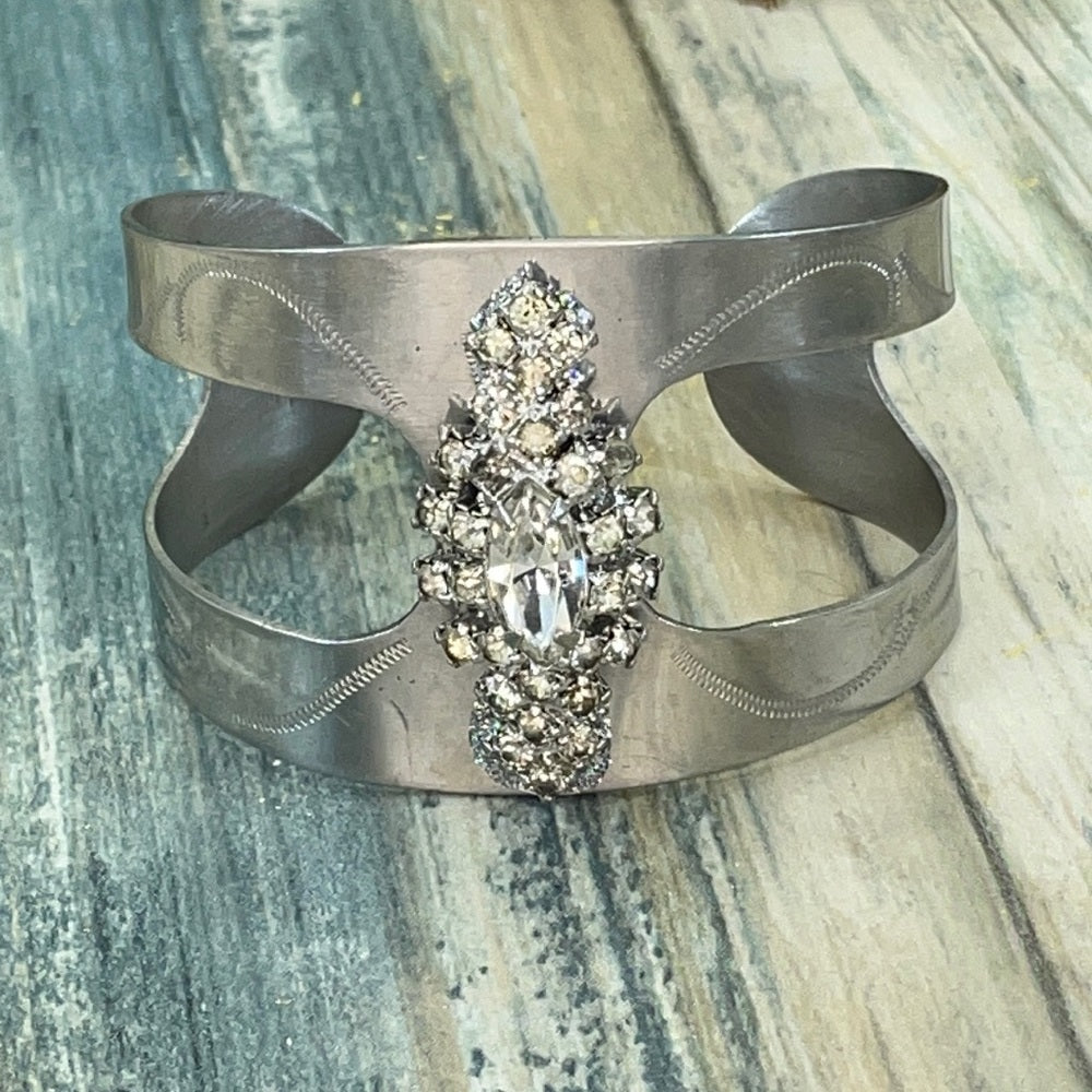 Adorned Crown artisan assemblage metal etched rhinestone cuff bracelet