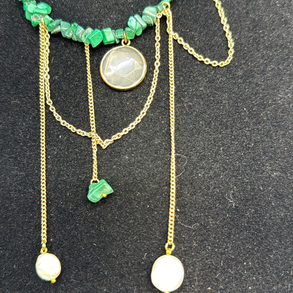 Adorned Crown Jewelry assemblage malachite quartz pearl drop necklace