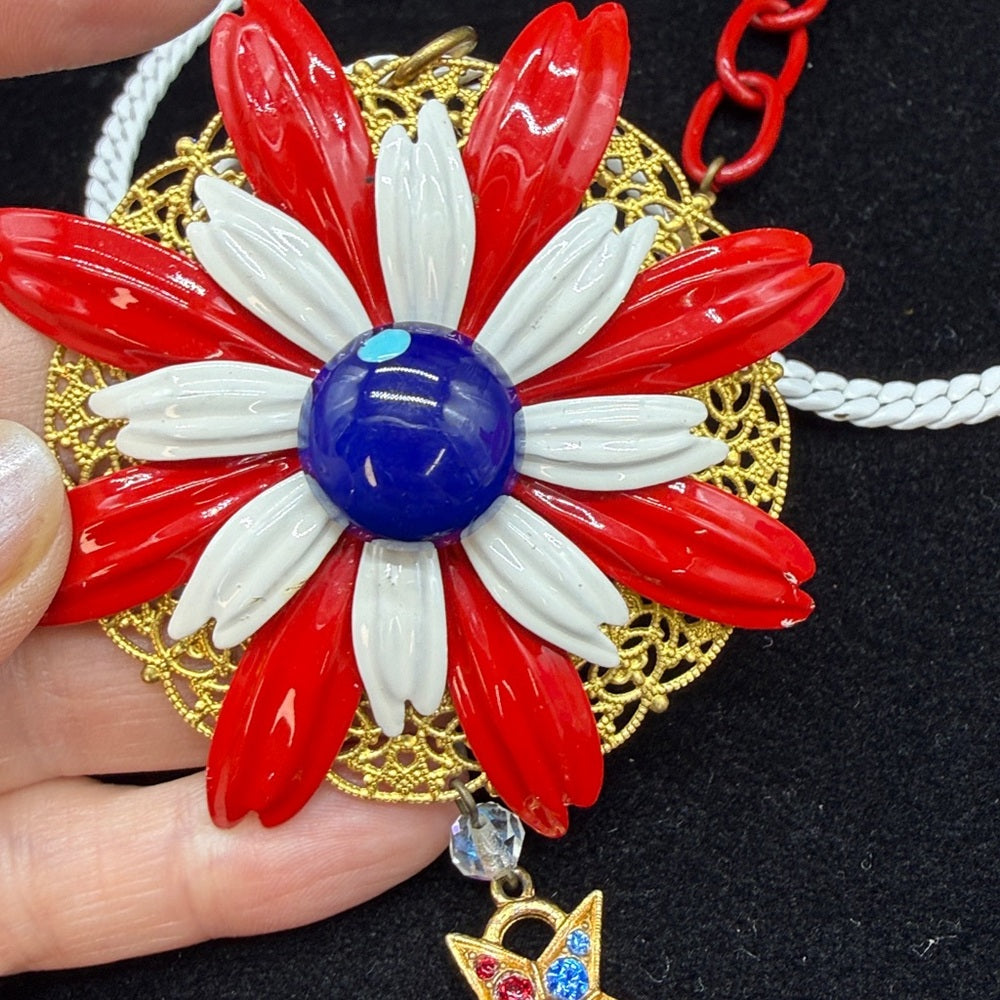 Adorned Crown Jewelry assemblage red white blue enamel flower Star necklace
