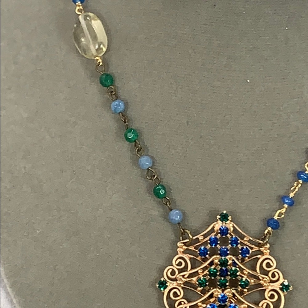 Adorned Crown artisan assemblage green rhinestone drop necklace