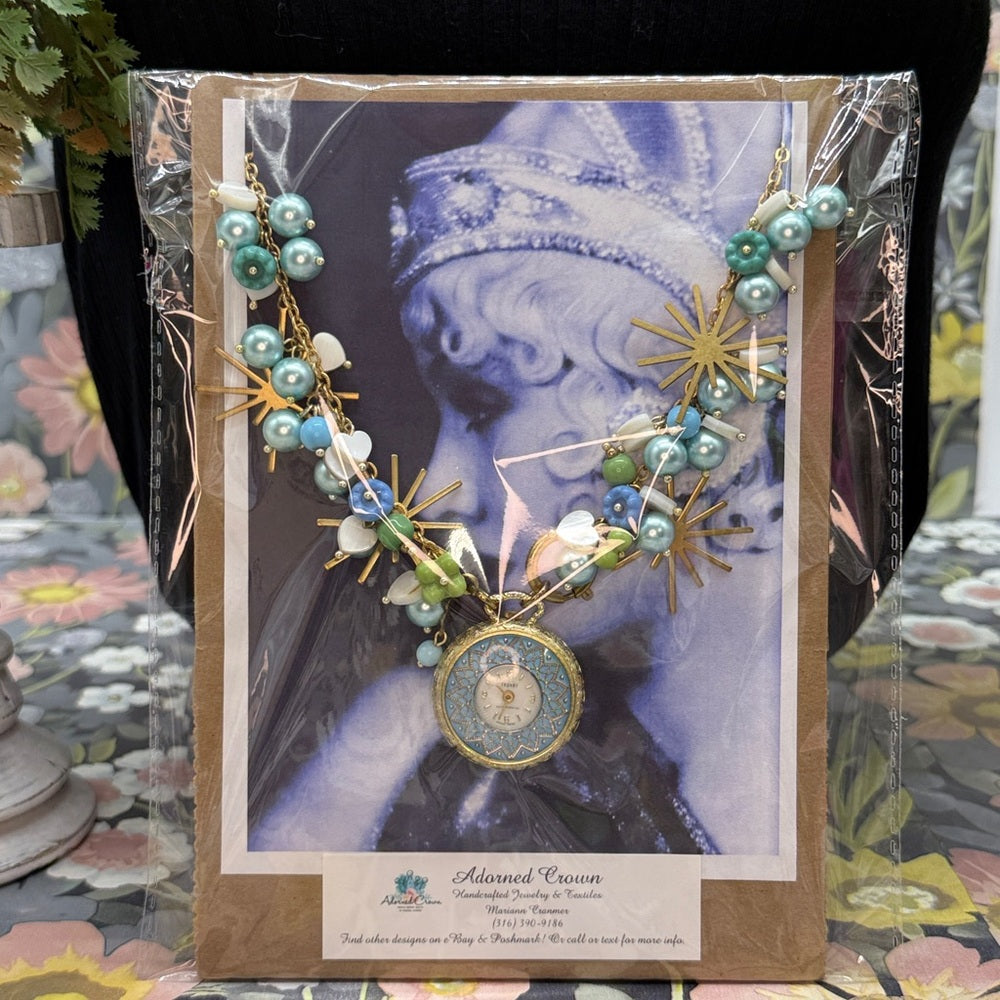 Adorned Crown Jewelry assemblage blue green watch starburst Czech necklace