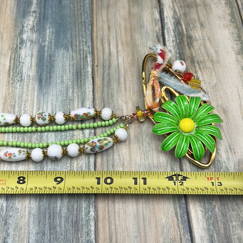 Adorned Crown Jewelry Artisan Assemblage atomic green enamel flower necklace
