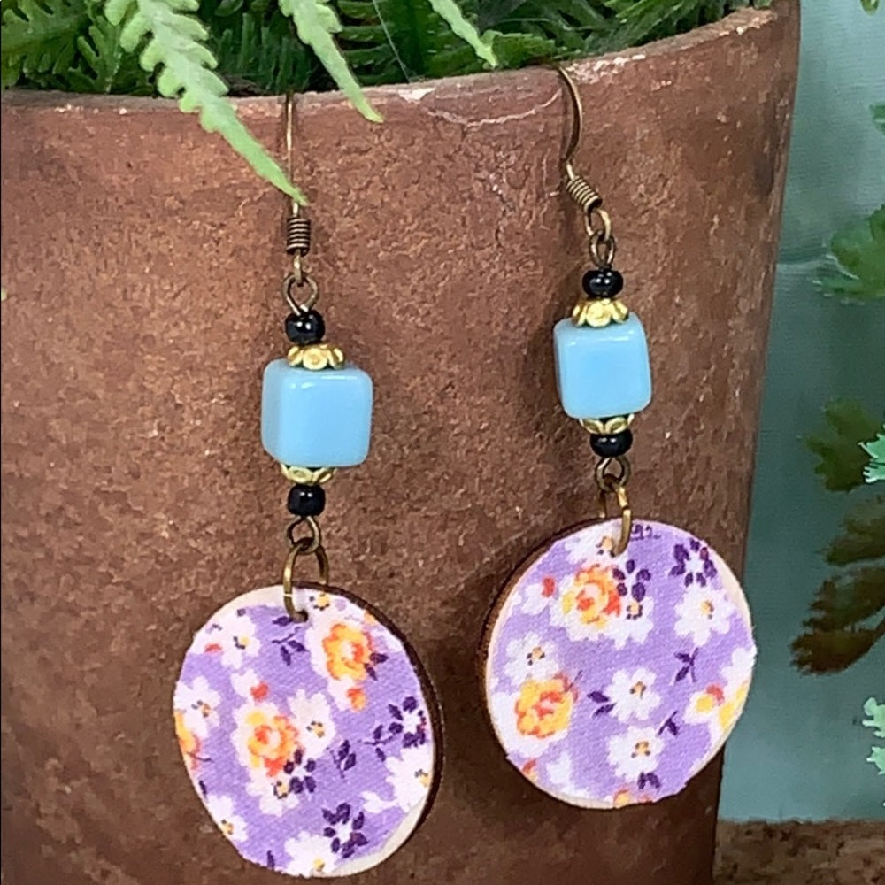 Adorned Crown vintage fabric wood disc bead earrings Purple blue
