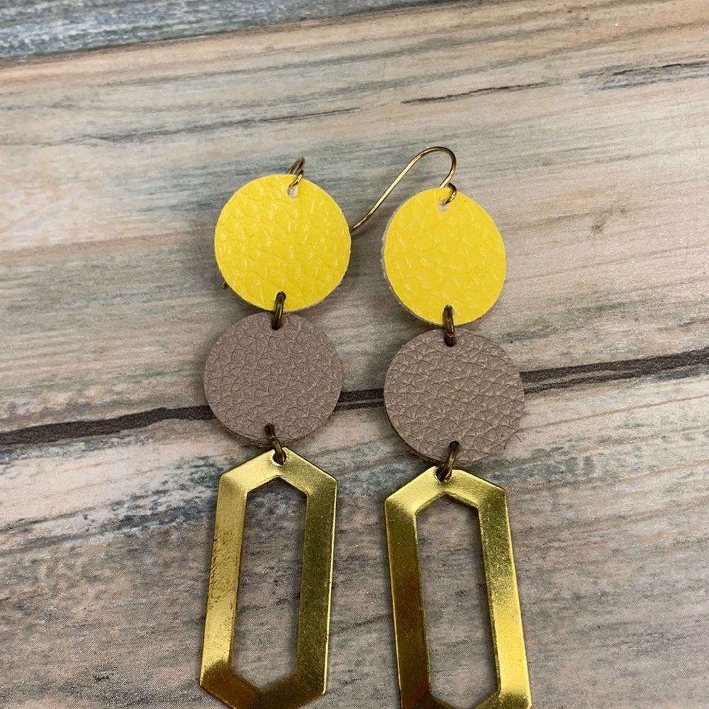 Adorned Crown geo yellow gray double leather earrings