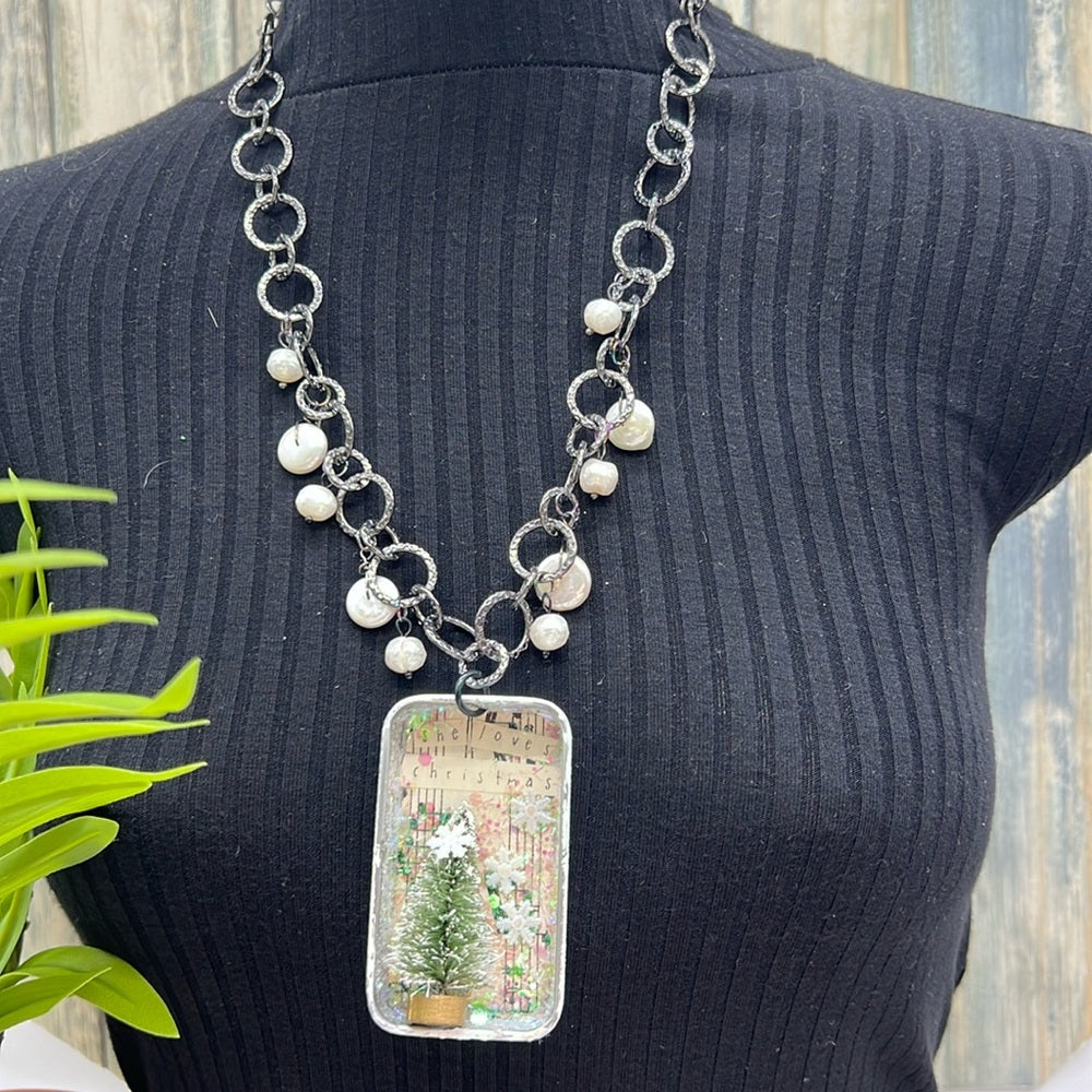 Adorned Crown Jewelry assemblage she loves Christmas shadow box necklace