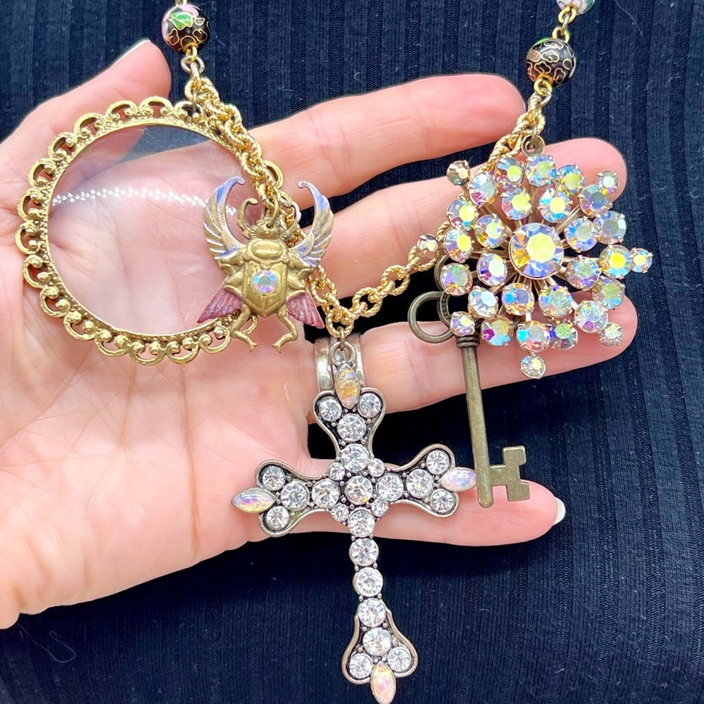 Adorned Crown Jewelry assemblage rhinestone cross eyeglass scarab necklace