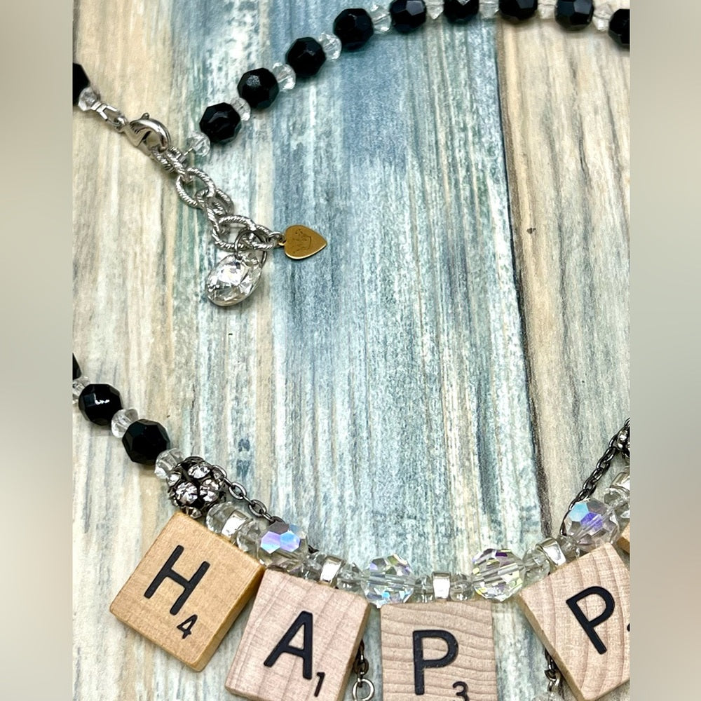 Adorned Crown Jewelry HAPPY jet black crystal bead cross necklace