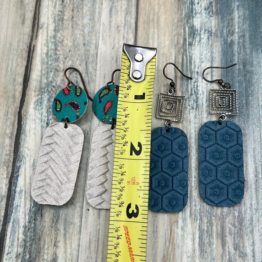 2 pair Adorned Crown Artisan Assemblage leather earrings swirl paisley