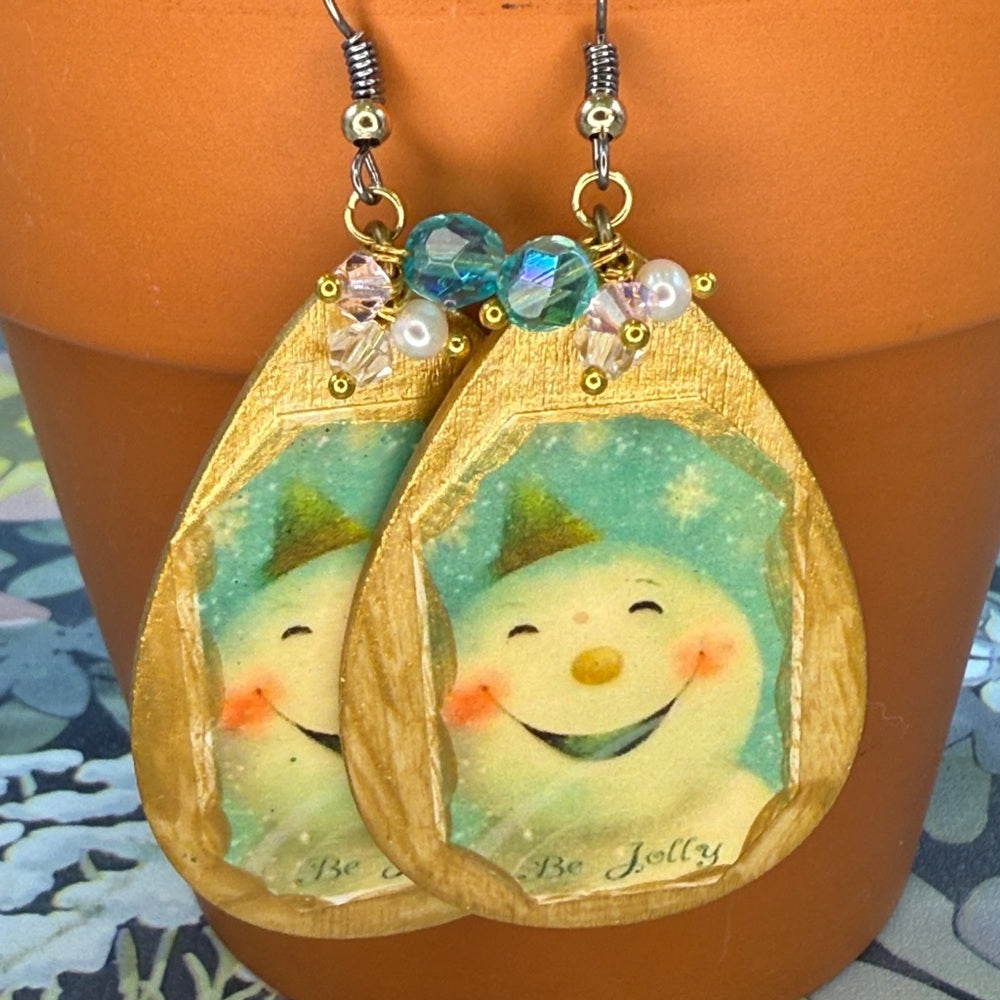 Adorned Crown Jewelry assemblage Victorian Christmas jolly snowman earrings