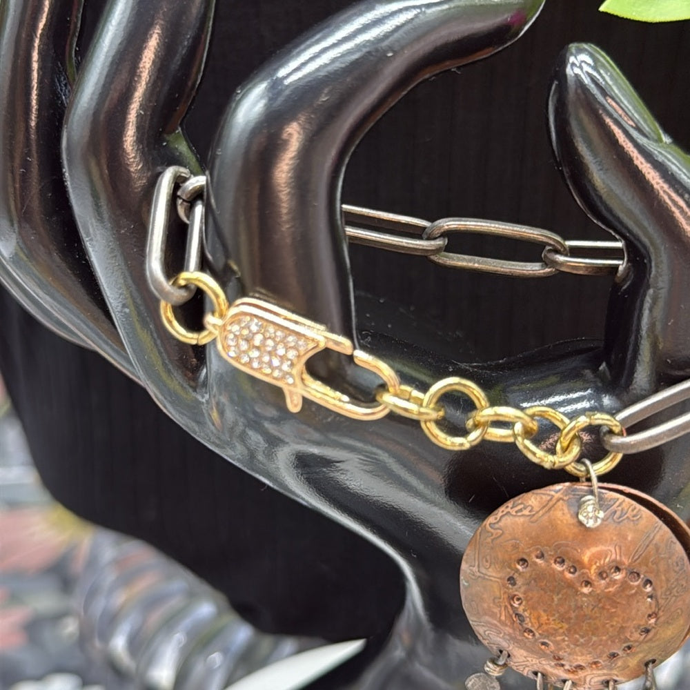 Adorned Crown Jewelry assemblage mixed metal copper heart pave clasp bracelet
