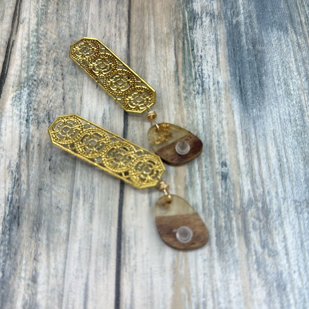 Adorned Crown Jewelry assemblage filigree Wood post quartz cabochon earrings