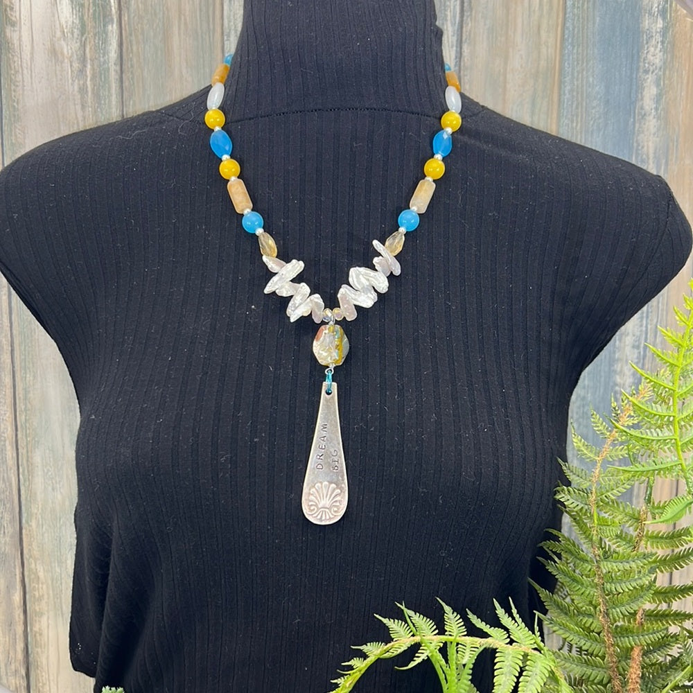 Adorned Crown Artisan Assemblage yellow jade teal quartz dream big necklace