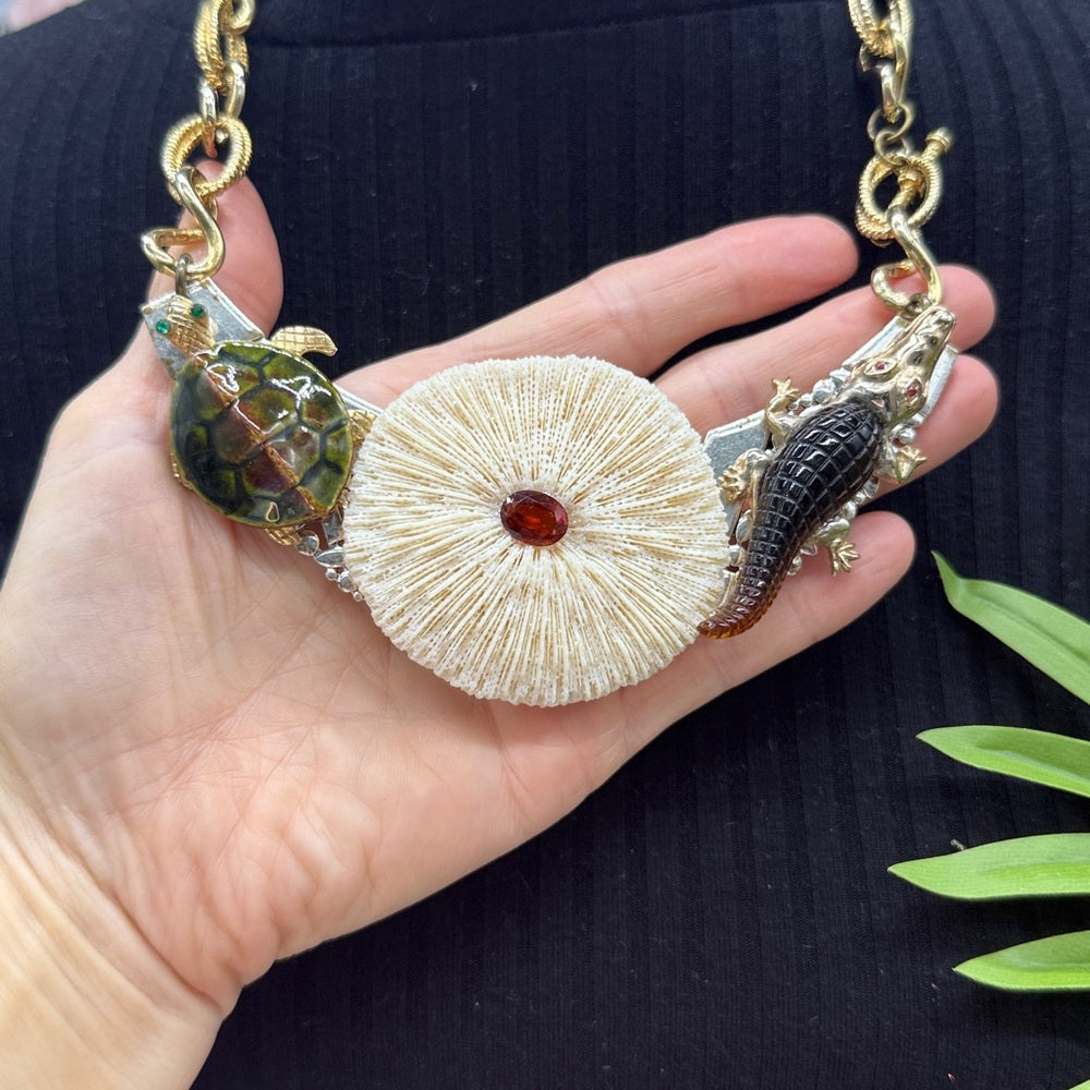 Adorned Crown Jewelry assemblage turtle alligator mushroom coral necklace