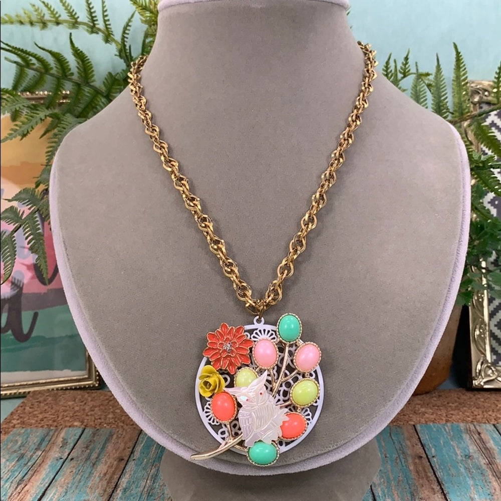 Adorned Crown artisan assemblage flower owl cluster assemblage necklace