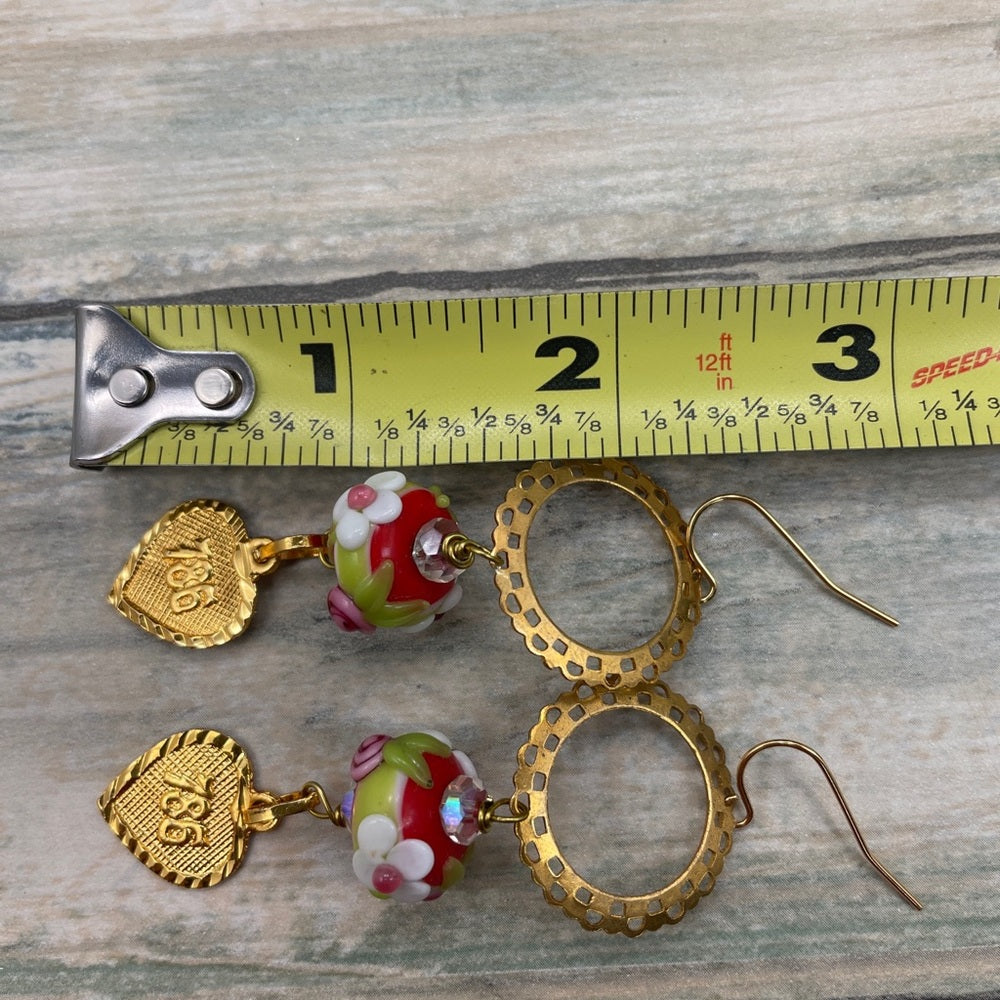Adorned Crown lamp work floral bead heart charm earrings