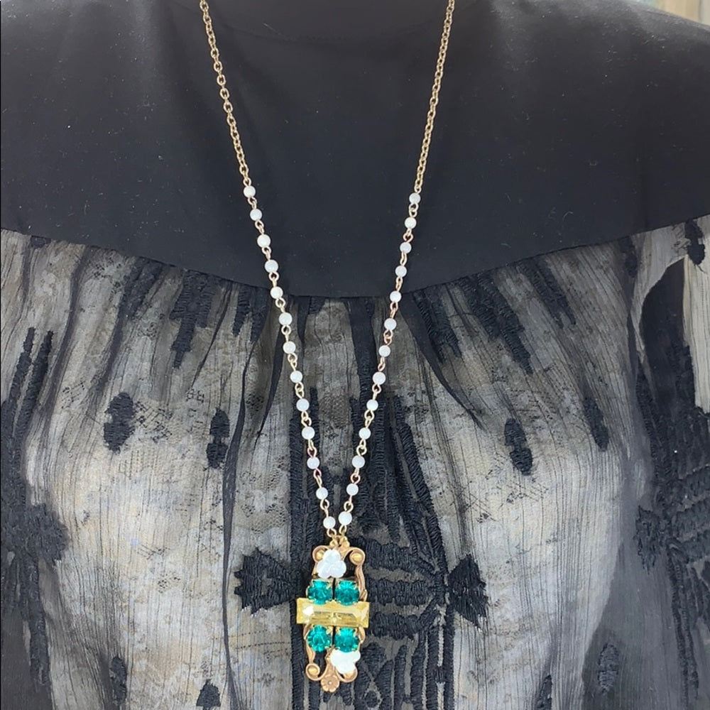 Adorned Crown Artisan assemblage green rhinestone and mop collage necklace