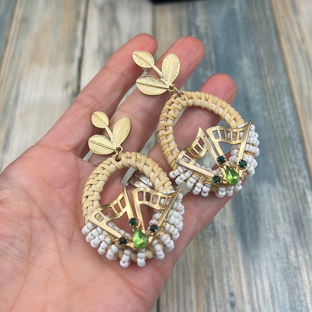 Adorned Crown Artisan Assemblage woven oval green detail leaf post earrings