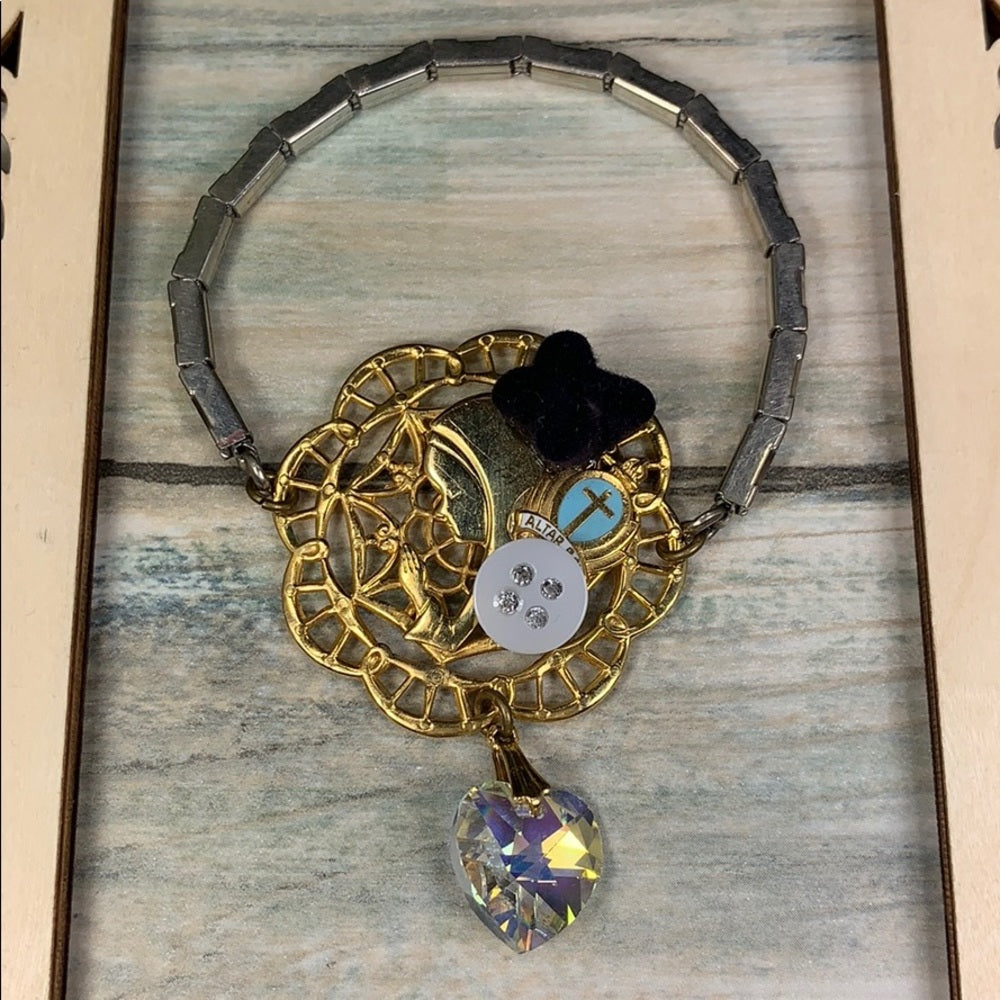Adorned Crown artisan assemblage prayer crystal heart watch band bracelet