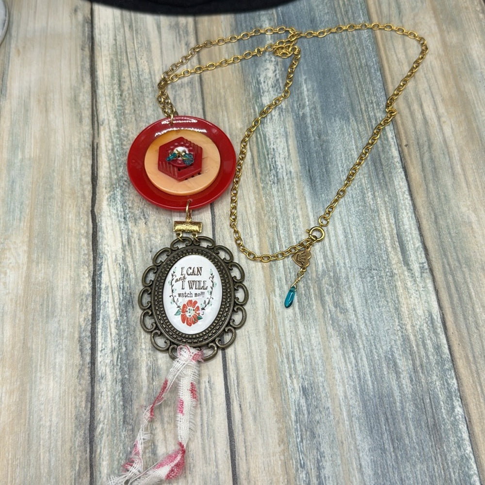 Adorned Crown Jewelry assemblage button bezel I can I will watch me necklace