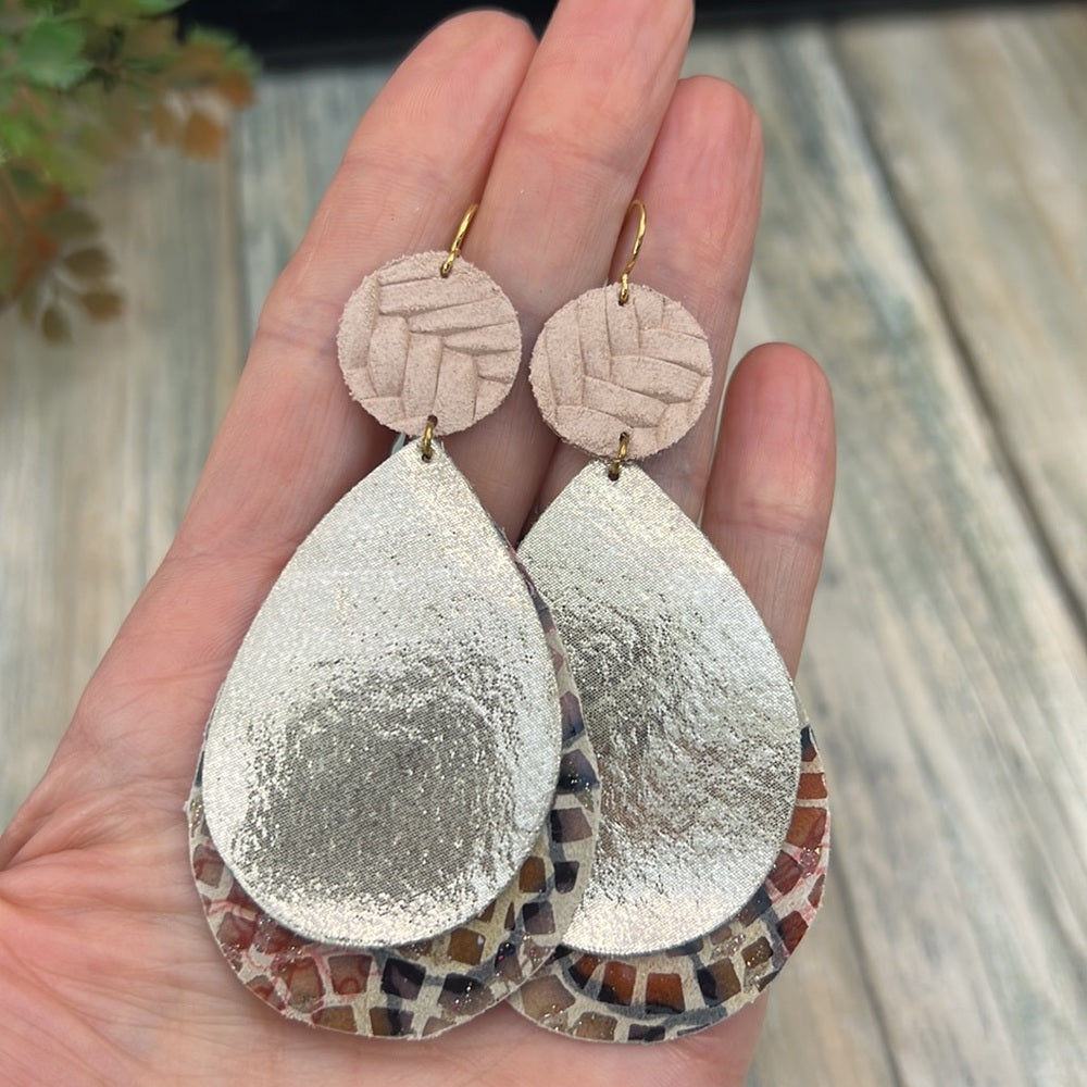 Adorned Crown real/faux leather lightweight statement earrings pink animal