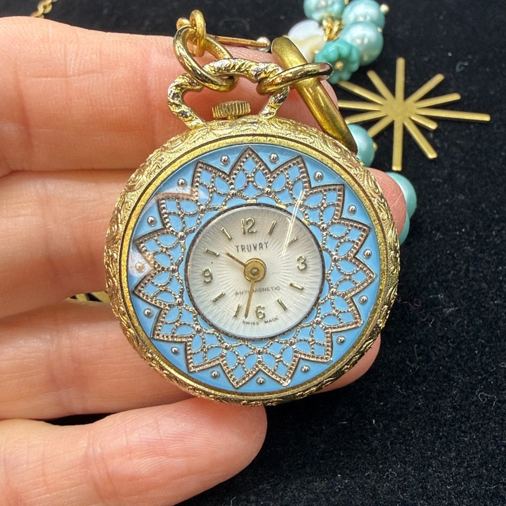 Adorned Crown Jewelry assemblage blue green watch starburst Czech necklace