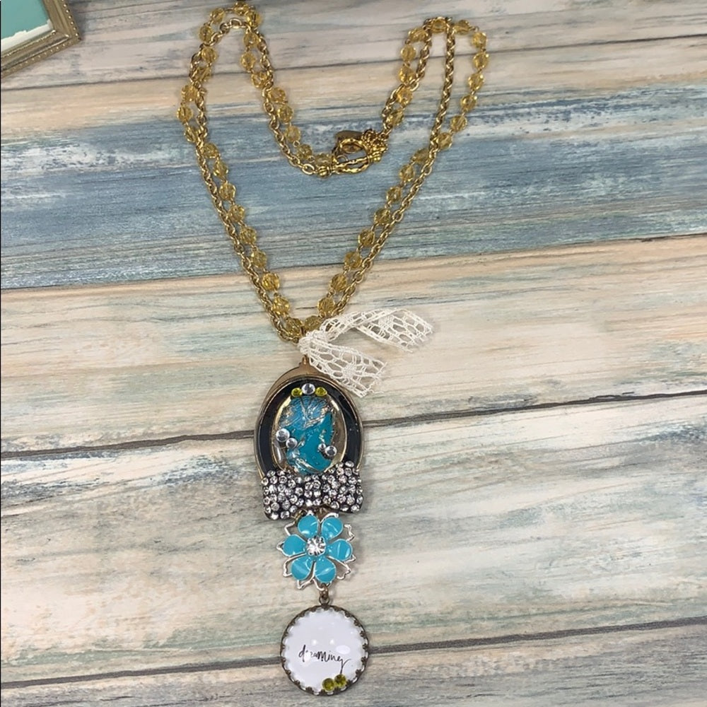 Adorned Crown artisan assemblage dreaming cameo rhinestone bling necklace
