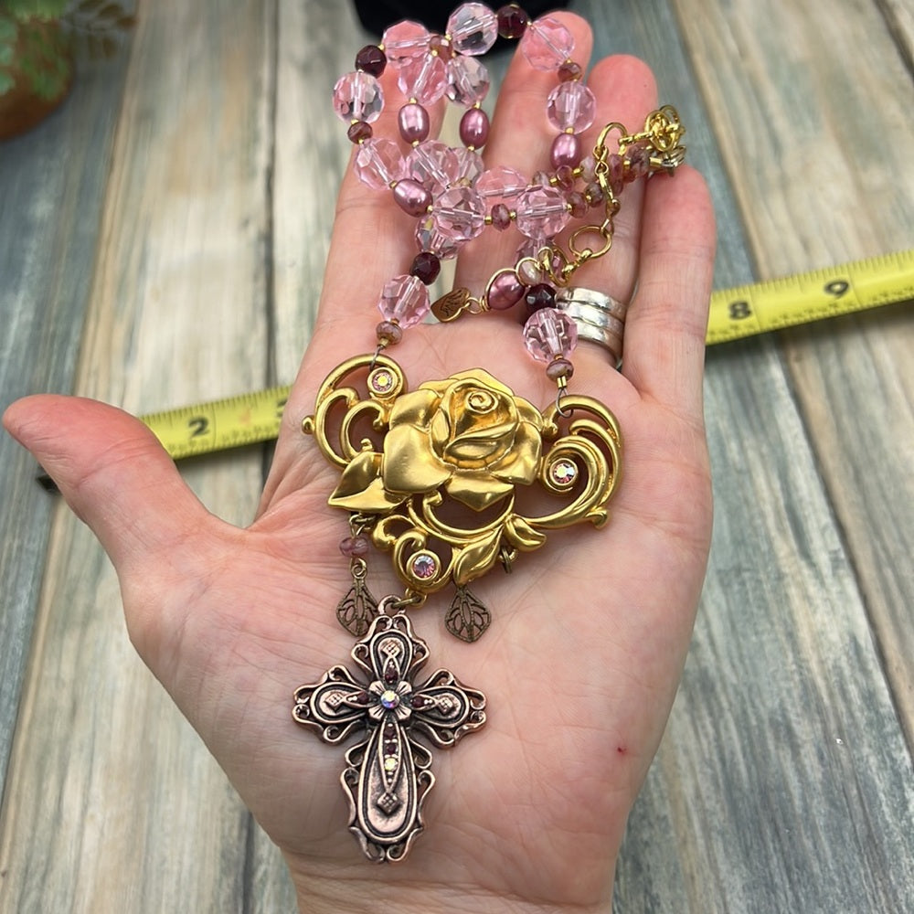 Adorned Crown Artisan Assemblage pink crystal golden rose cross necklace