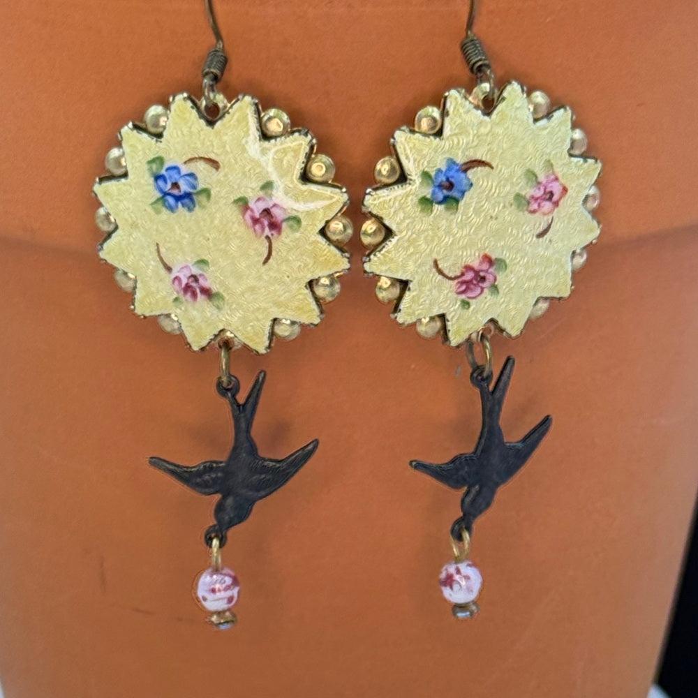 Adorned Crown Jewelry assemblage boho guilloche yellow floral bird earrings