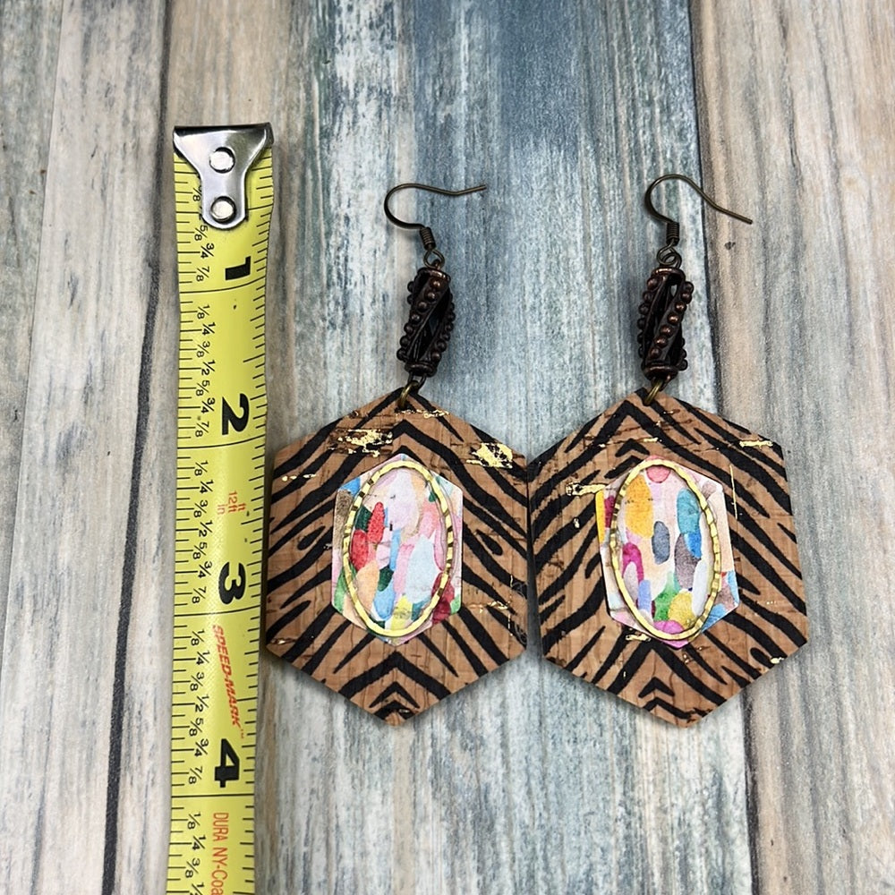Adorned Crown Artisan Assemblage faux leather & metal zebra cork earrings