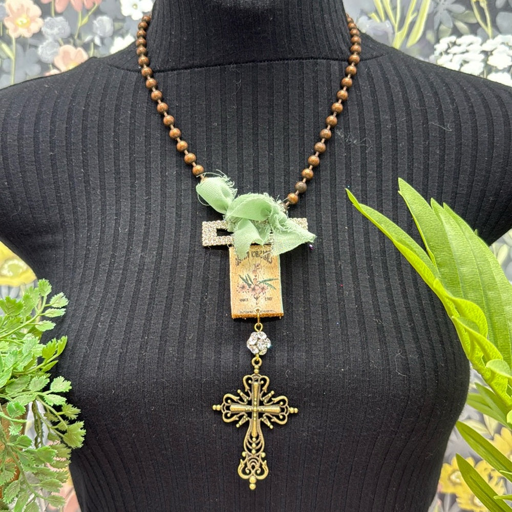 Adorned Crown Jewelry assemblage rhinestone leather ribbon cross necklace