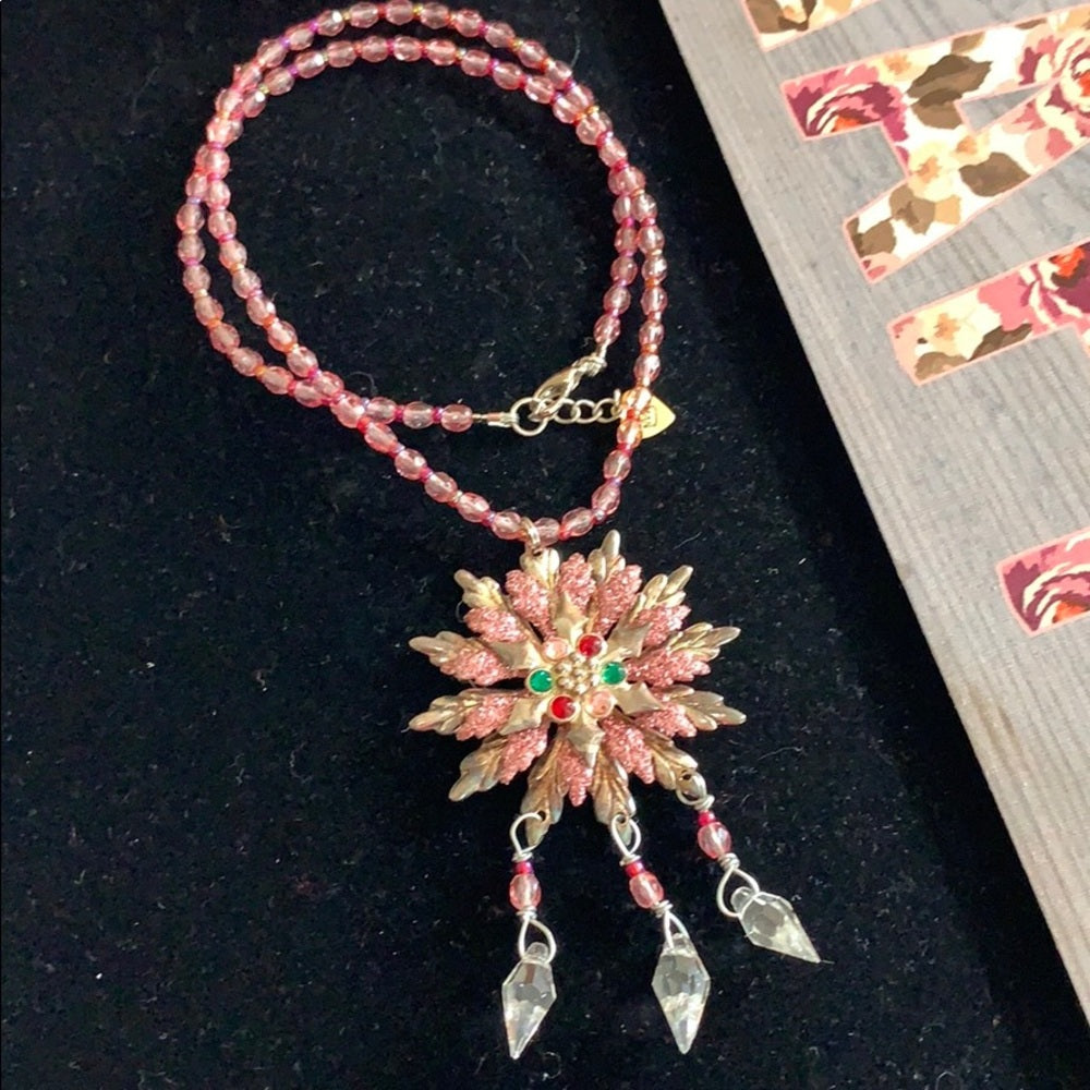 Adorned Crown artisan assemblage pink crystal snowflake necklace