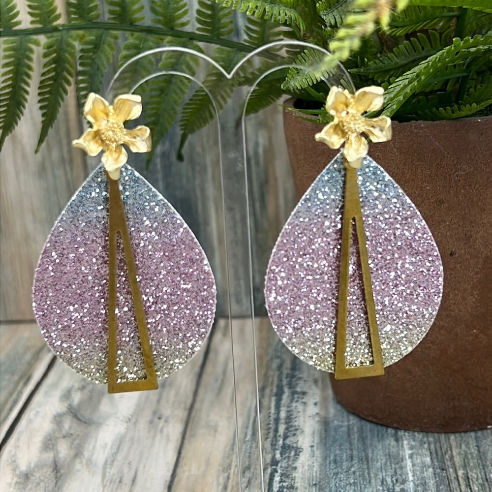 Adorned Crown Artisan Assemblage leather pink glitter gold flower earrings