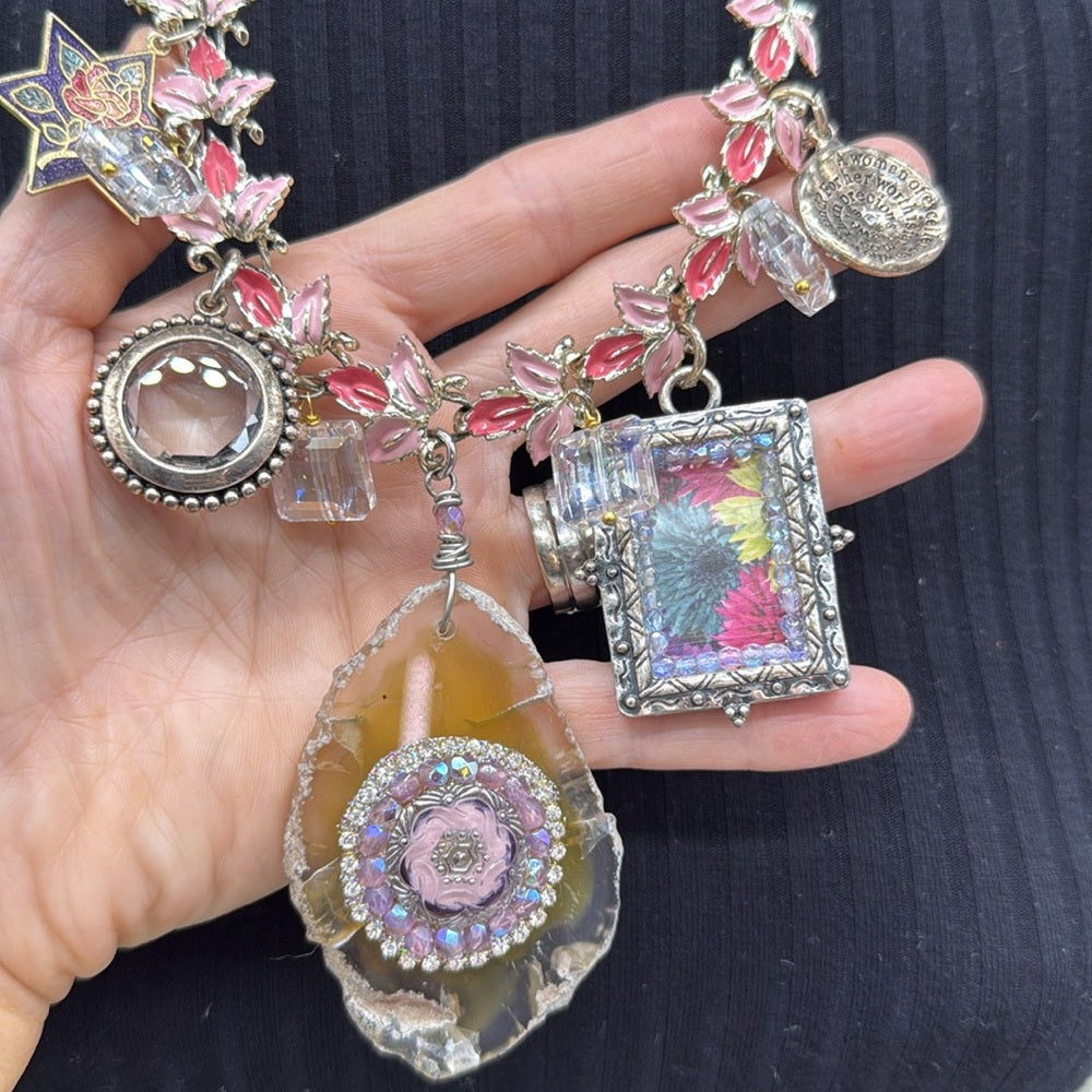 Adorned Crown Jewelry assemblage Floral Charm Pink Silver statement necklace