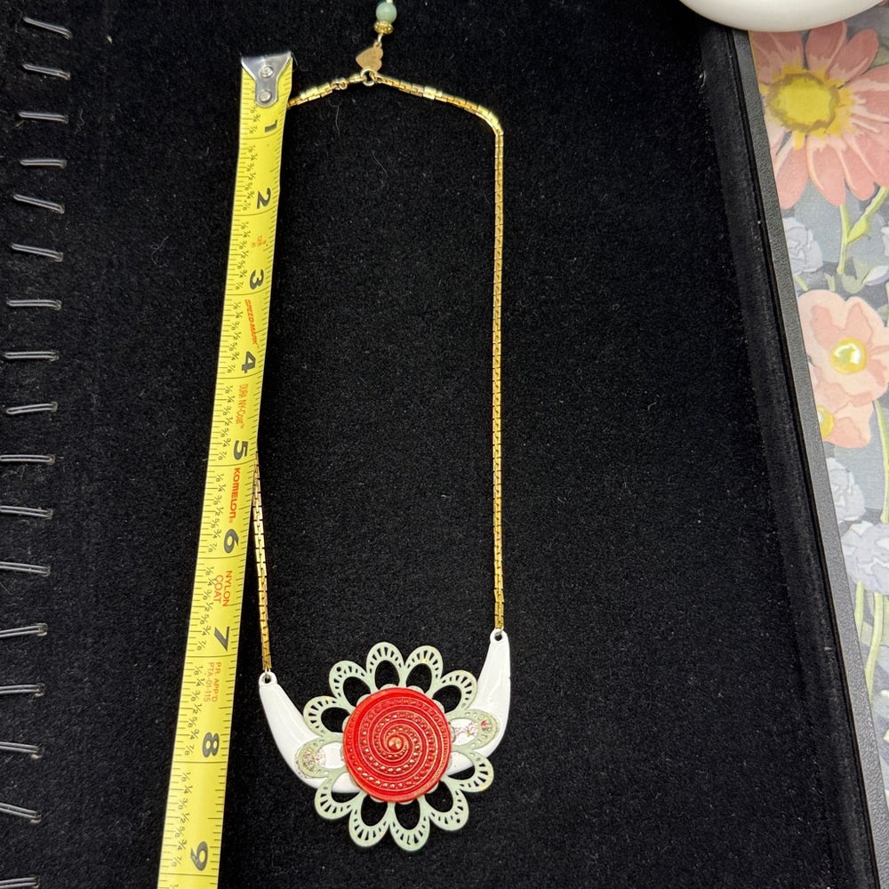Adorned Crown Jewelry assemblage flower enamel red glass button necklace