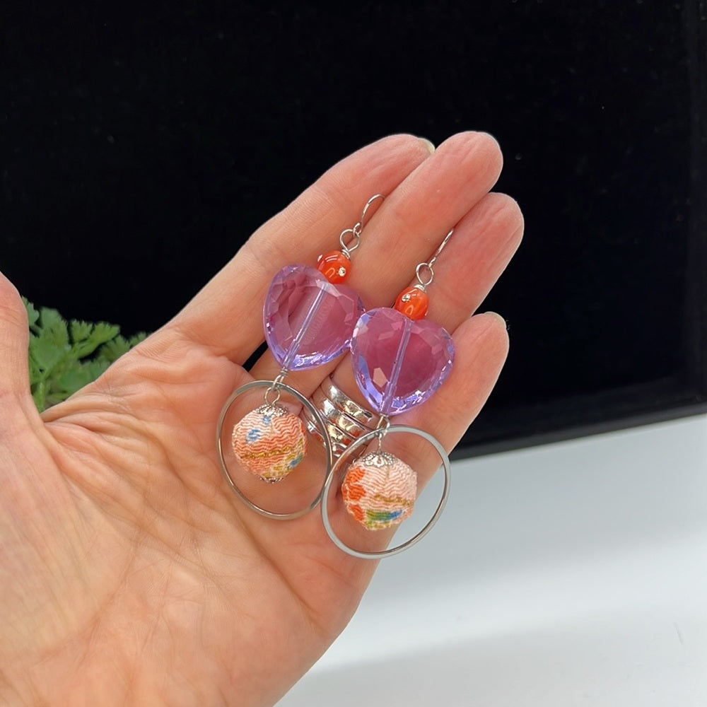 Adorned Crown Jewelry purple glass heart fabric bead earrings