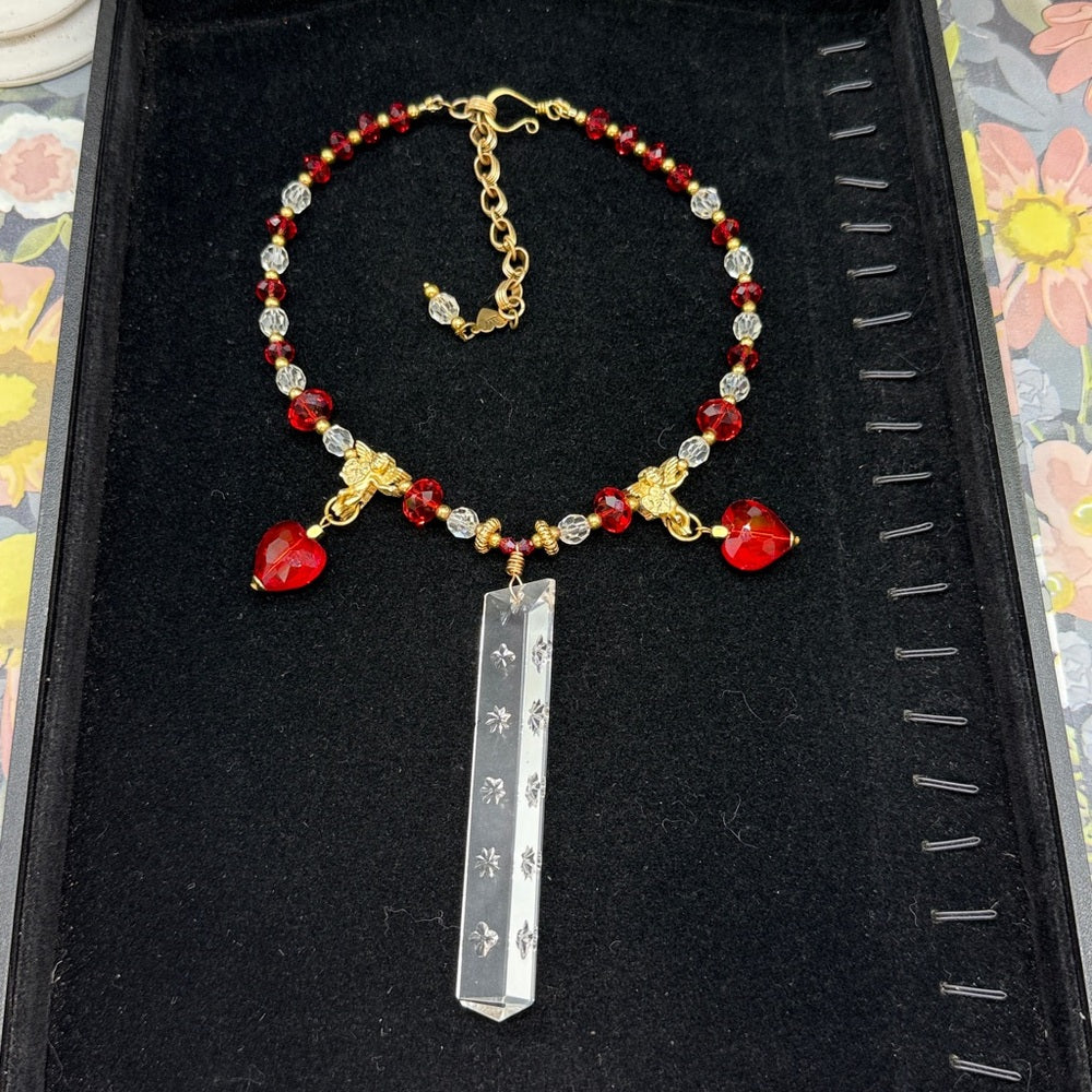 Adorned Crown Jewelry assemblage glass crystal red bead cherub necklace