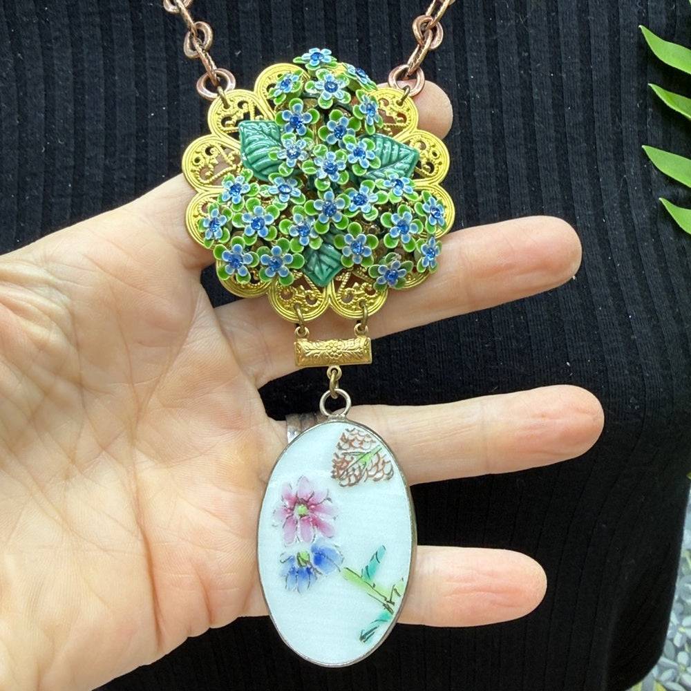 Adorned Crown Jewelry assemblage vintage blue rhinestone ceramic drop necklace