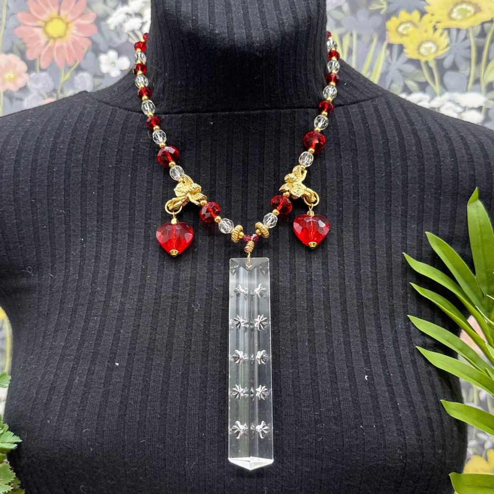 Adorned Crown Jewelry assemblage glass crystal red bead cherub necklace