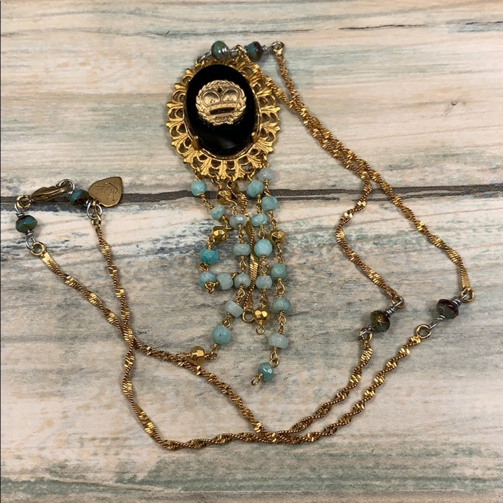Adorned Crown artisan assemblage aquamarine bead jet black crown necklace