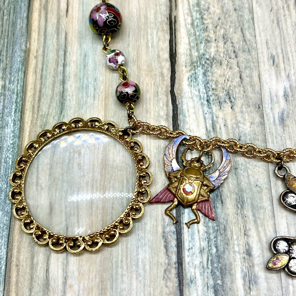 Adorned Crown Jewelry assemblage rhinestone cross eyeglass scarab necklace