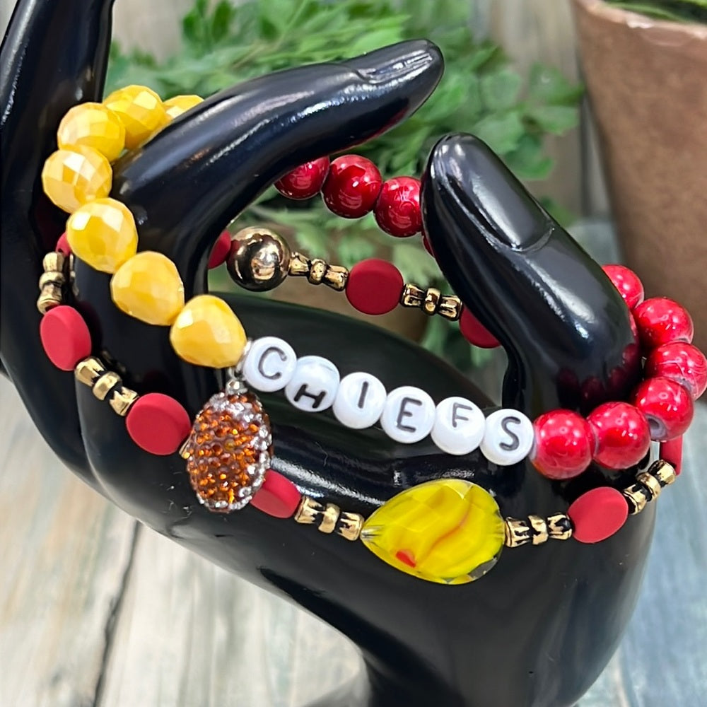 Adorned Crown Kansas City Chiefs KC football red gold stretch bracelet set E
