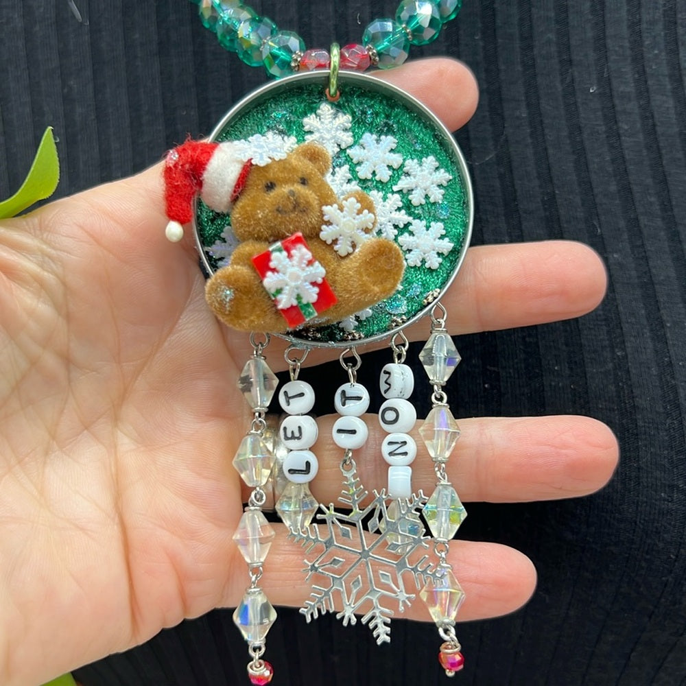 Adorned Crown Jewelry assemblage Christmas let it snow teddy bear necklace