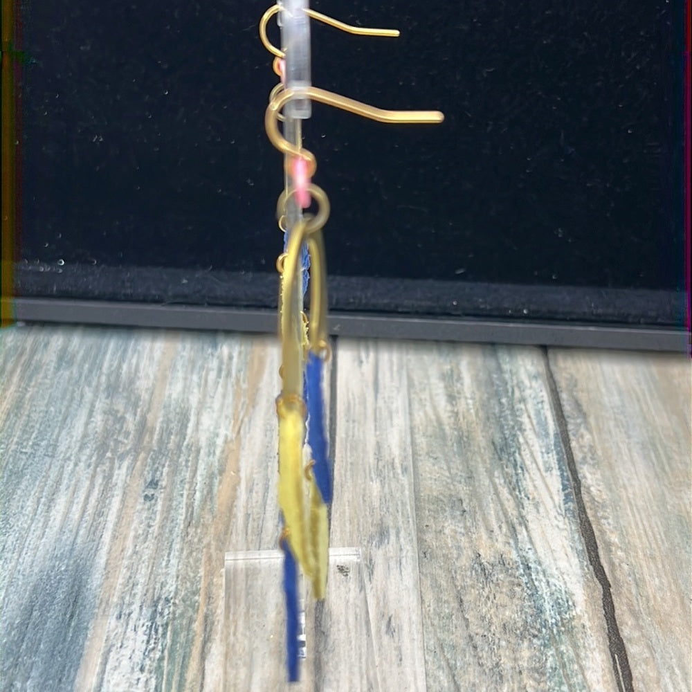 Adorned Crown leather color block yellow blue arc earrings
