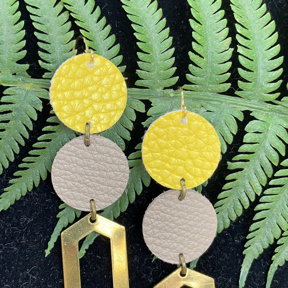 Adorned Crown geo yellow gray double leather earrings