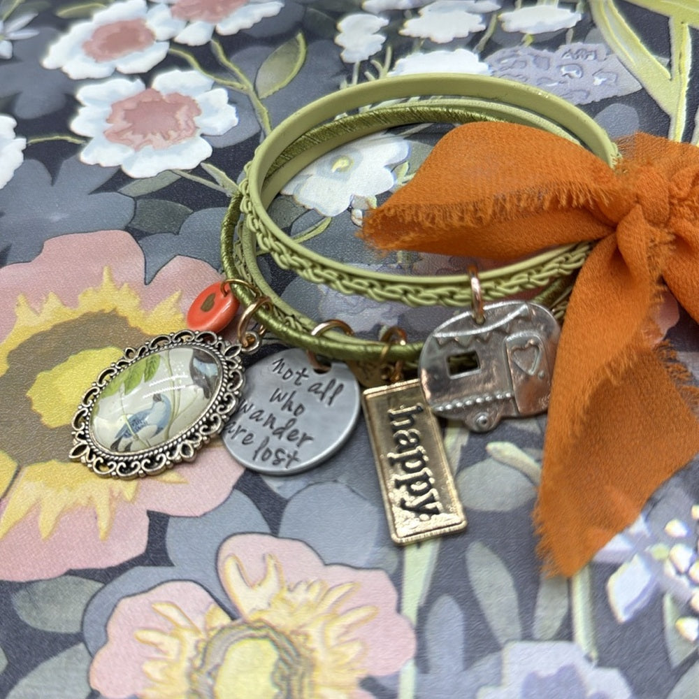 Adorned Crown Jewelry assemblage three band green bangle happy camper bracelet